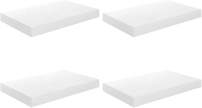 Set of 4 High Gloss White Floating Wall Shelves, Honeycomb MDF with Metal Brackets, Modern Invisible Mounting System for Home Storage and Display