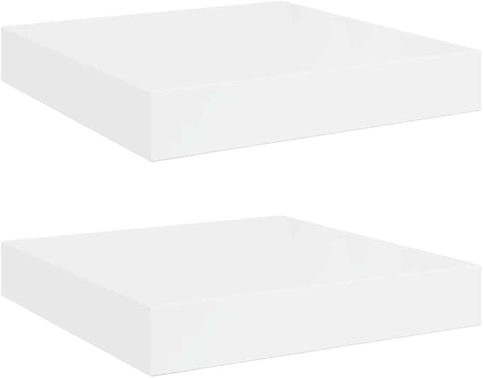 Set of 2 High Gloss White Honeycomb MDF Floating Wall Shelves with Metal Brackets for Modern Home Storage and Display