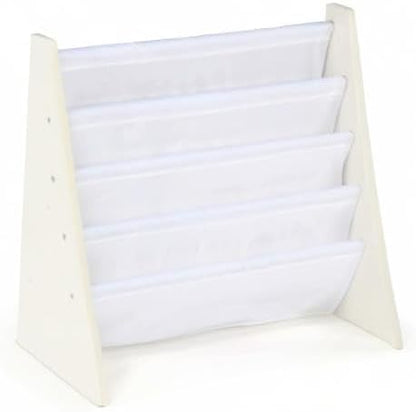 Humble Crew 4-Tier Kids Bookshelf, White Wood/White - Premium Book Shelf for Kids Rooms with Four Deep Pockets - Toddler Sling Book Rack with Deep Sleeves, Nursery Bookcase Organizer