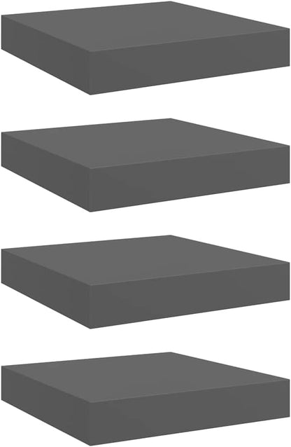 Set of 4 High Gloss Grey Floating Wall Shelves, Honeycomb MDF and Metal Compact Shelving for Modern Living Room Bedroom Office Decor