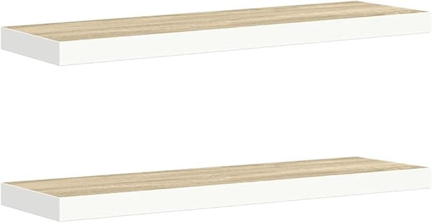 Modern Floating Wall Shelf Set of 2, Oak and White Honeycomb MDF with Metal Frame, Invisible Mounting System for Seamless Design, Decorative Storage for Living Room and Home