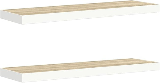 Modern Floating Wall Shelf Set of 2 with Oak and White Honeycomb MDF and Metal Frame for Living Room Home Office Storage