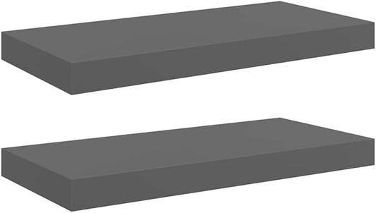 Modern Floating Wall Shelves Set of 2, High Gloss Grey Honeycomb MDF with Metal Mounting, Sleek Display for Books and Decor, Space-Saving Storage Solution for Living Room