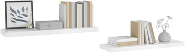 Set of 2 High Gloss White Honeycomb MDF and Metal Floating Wall Shelves with Invisible Mounting, Modern Minimalist Design for Living Room Bedroom Office Storage and Display