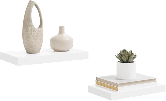 Set of 2 High Gloss White Honeycomb MDF Floating Wall Shelves with Metal Frame for Modern Home Decor and Stylish Display