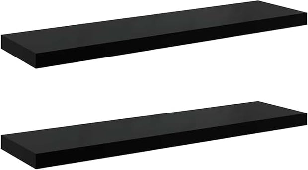 Modern Floating Wall Shelf Set of 2 High Gloss Black Honeycomb MDF with Metal Support, Invisible Mounting System for Stylish Display and Space Saving Storage in Living Room