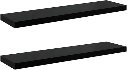 Modern Floating Wall Shelf Set of 2 High Gloss Black Honeycomb MDF with Metal Frame, Invisible Mounting System for Living Room Office Bedroom, Sleek Storage Solution