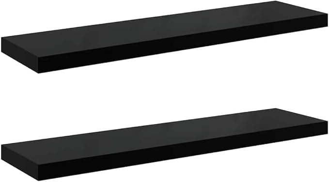 Modern Floating Wall Shelf Set of 2 High Gloss Black Honeycomb MDF with Metal Mounting System for Living Room Office Bedroom Storage Display