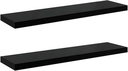 Modern Floating Wall Shelf Set of 2 High Gloss Black Honeycomb MDF with Metal Mounting System for Living Room Office Bedroom Storage Display