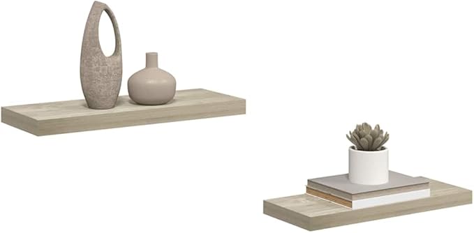 Set of 2 Oak Floating Wall Shelves with Honeycomb MDF and Metal Brackets, Minimalist Modern Display Shelves for Living Room Bedroom Office Storage