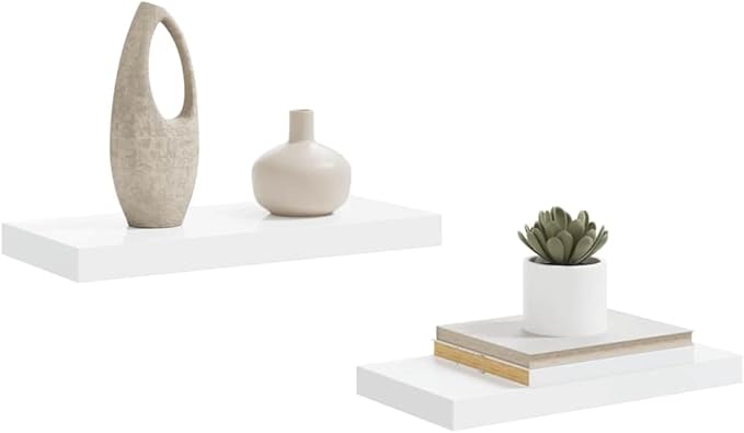 High Gloss White Floating Wall Shelf Set of 2, Honeycomb MDF and Metal Modern Storage for Living Room Bedroom