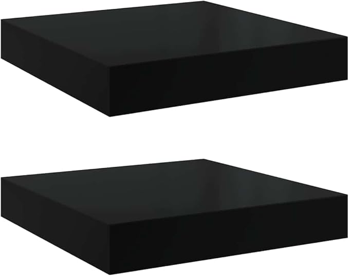 High Gloss Black Honeycomb MDF Floating Wall Shelf Set of 2 with Metal Brackets for Home Decor and Display Storage