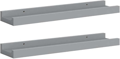 Gray MDF Floating Frame Ledge Shelf Set of 2, Modern U-Shaped Wall Mounted Shelves for Displaying Photos and Artwork, Minimalist Home Decor with Easy Installation Hardware