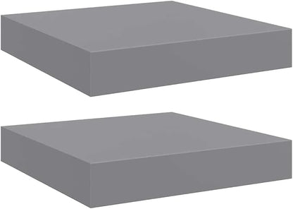 Gray MDF Floating Wall Shelf Set of 2, 9.1x9.3x1.5 Inch Square Shelves for Modern Home Decor, Invisible Mounts for Easy Installation, Durable Display Storage for Books