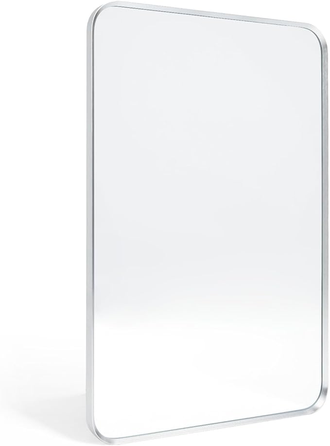 Wall Mount Mirror for Bathroom, Brushed Silver Metal Framed Rounded Corner Rectangular Vanity Mirror (24