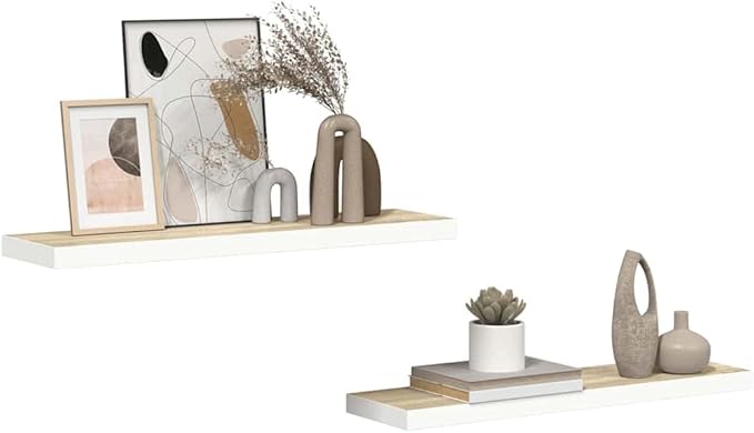 Modern Floating Wall Shelf Set of 2, Oak and White Honeycomb MDF with Metal Frame for Stylish Storage and Seamless Design