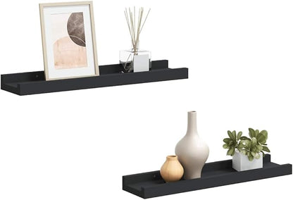 Black MDF Frame Ledge Shelf Set of 2, 15.7 x 3.5 x 1.2 Inch Wall Mounted Floating Shelves for Picture Frames and Decor, Modern U-Shaped Design, Easy Installation, Space