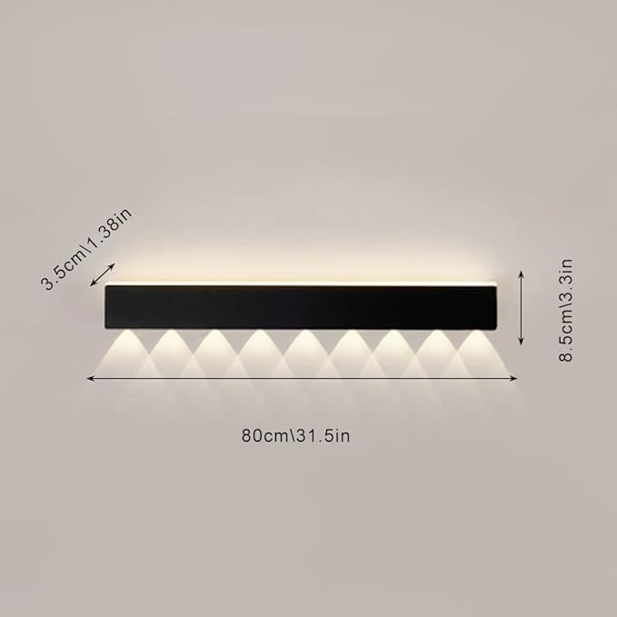 LED Wall Light, Ultra-Thin Black Metal Sconce with Mini Spotlight, Up and Down Lighting for Bedroom, Living Room, and Hallway - 3000K Warm White(80CM)