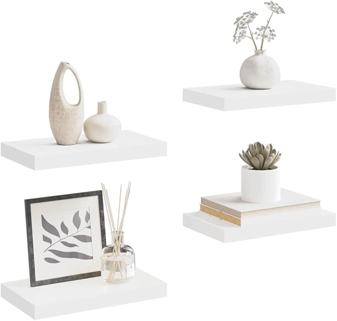 White Honeycomb MDF Metal Wall Shelf Set of 4, Modern Floating Shelves for Living Room Bedroom, Customizable Arrangement with Matte Finish and Robust Weight Capacity, Easy