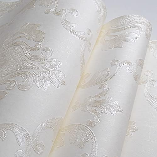 Cream White Damask Decorative Textured Floral Wallpaper Non-Woven Wall Paper Home Decoration,20.8 in X 393.00 in [ Not Peel and Stick ]