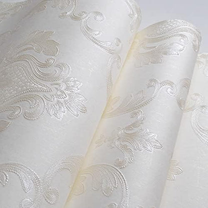 Cream White Damask Decorative Textured Floral Wallpaper Non-Woven Wall Paper Home Decoration,20.8 in X 393.00 in [ Not Peel and Stick ]