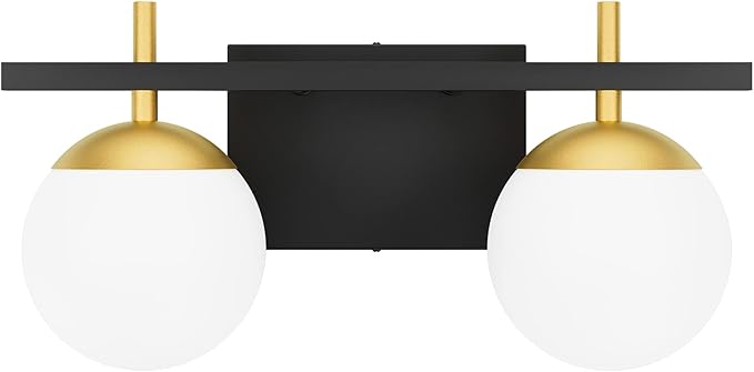 Ralbay 2-Light Black and Gold Bathroom Vanity Light Mid Century Modern Milky Glass Ball Wall Light for Bathroom 2 Light Black/Golden
