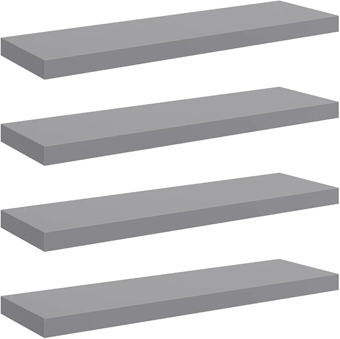 Set of 4 Grey Honeycomb Floating Wall Shelves, MDF and Metal Modern Storage, 31.5 x 9.3 Inches, Easy Installation with Hardware, Durable Display Shelves for Home Decor