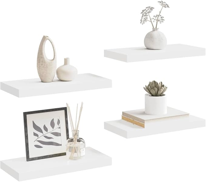 White Honeycomb MDF Metal Medium Floating Wall Shelves Set of 4, Modern Minimalist Display Storage for Books and Decor, Easy Installation with Hardware, Durable Space-Saving