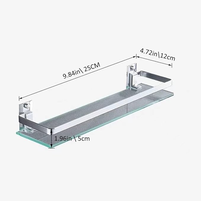 Bathroom Glass Shelf Tempered Glass Rectangular Extra Thick Aluminum Silver Sand Sprayed Wall Mounted 9.84 inches