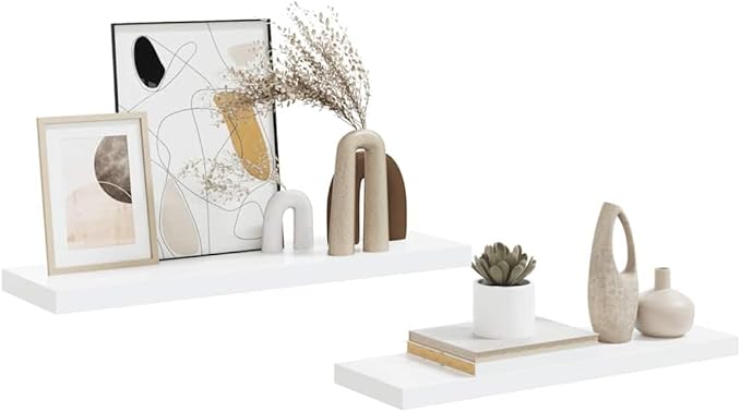 Floating Wall Shelf Set of 2 High Gloss White Honeycomb MDF Metal Medium Modern Invisible Mounting System for Stylish Display and Space Saving Storage