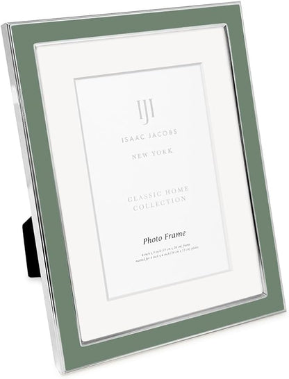 Isaac Jacobs 6x8 (Matted 4x6) Rosemary Green Enamel Picture Frame with Silver Metal Edge and Easel, Tabletop Display, Wall Décor, Photo Gallery, (6x8 (Matted 4x6), Rosemary Green with Silver)