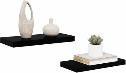 Wall Shelf Set of 2 High Gloss Black Honeycomb MDF Metal Floating Shelves for Modern Storage and Display