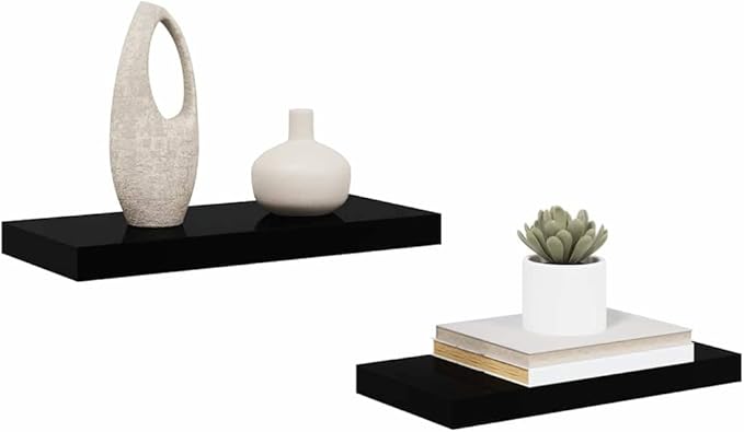 Wall Shelf Set of 2 High Gloss Black Honeycomb MDF and Metal Floating Shelves for Modern Storage and Display