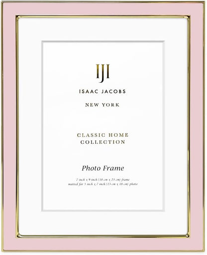 Isaac Jacobs 7x9 (Matted 5x7) Blush Enamel Picture Frame with Gold Metal Edge and Easel, Tabletop Display, Wall Décor, Photo Gallery, (7x9 (Matted 5x7), Blush with Gold)