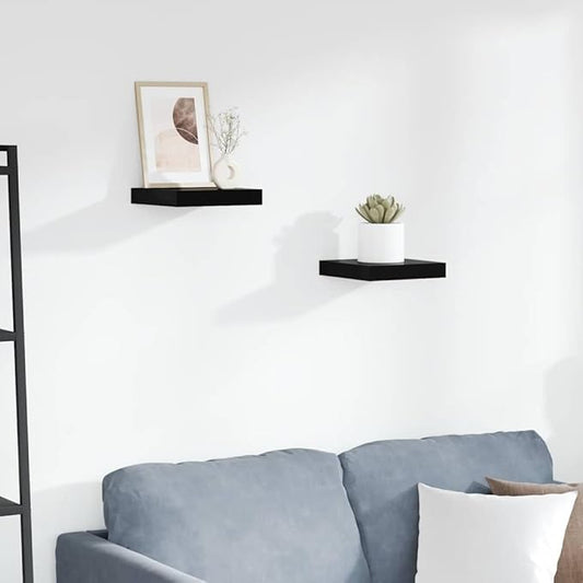 High Gloss Black Honeycomb MDF Floating Wall Shelf Set of 2 with Metal Brackets for Home Decor and Display Storage