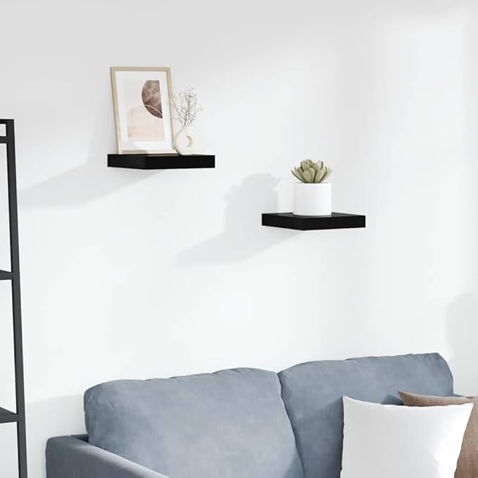 High Gloss Black Floating Wall Shelf Set of 2, Honeycomb MDF and Metal Construction for Modern Decor, Invisible Mounting System, Sturdy Display Shelves for Home or Office