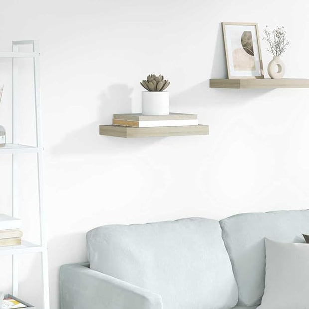 Oak MDF Floating Wall Shelf with Metal Brackets, 15.7x9.1x1.5 Inches, Modern Wall-Mounted Design for Living Room Bedroom, Durable Storage Display for Books Photo Frames Decor