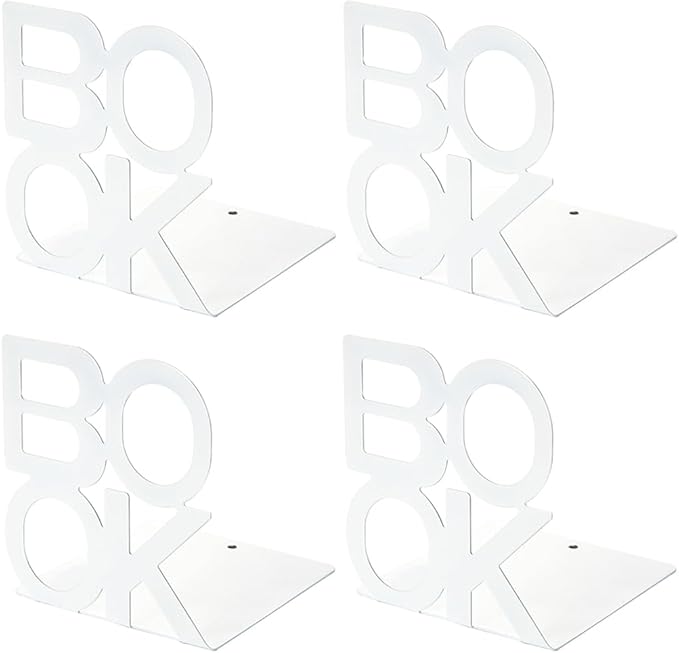 Book Ends - Decorative Metal Book Ends Supports for Bookrack Desk (White 2Pack)