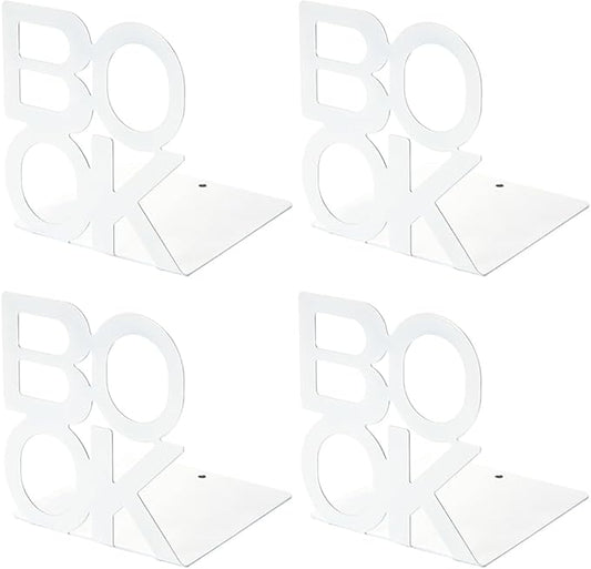 Book Ends - Decorative Metal Book Ends Supports for Bookrack Desk (White 2Pack)