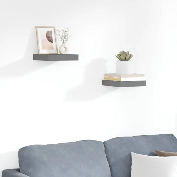 Floating Wall Shelves Set of 2 High Gloss Gray Honeycomb MDF Metal Modern Display Shelves for Home Decor