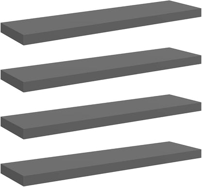 Set of 4 High Gloss Grey Floating Wall Shelves, Honeycomb MDF with Metal Brackets, Modern Display Storage for Living Room Bedroom Office Decor