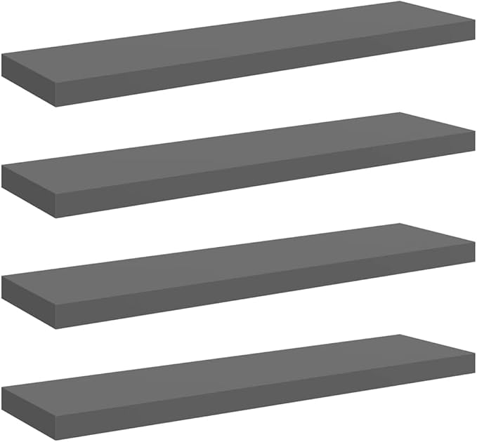 Set of 4 High Gloss Grey Floating Wall Shelves, Honeycomb MDF with Metal Brackets for Modern Decor, Durable Storage Solution for Living Room Office Bedroom