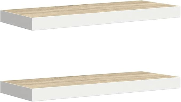 Floating Wall Shelf Set of 2, Oak and White Honeycomb MDF, Modern Minimalist Design for Living Room or Office, 23.6x9.3x1.5 Inches, Space-Saving Display, Sturdy Mounted