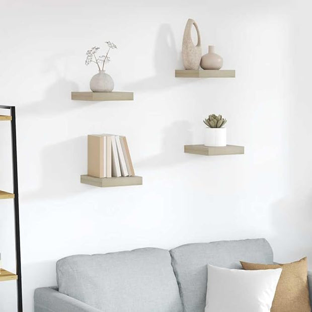 Floating Wall Shelf Set of 4 Oak Honeycomb MDF Metal Small Shelves for Modern Home Office Decor Storage Display