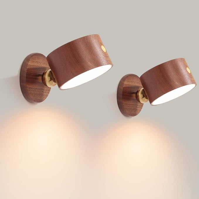 Led Wall Mounted Reading Lights, Wireless Wall Sconce with USB Charging Port Rechargeable Battery 360°Rotate Magnetic Ball Dimmable Touch Control, Lamps for Study Bedside(Sapele 2 PC)