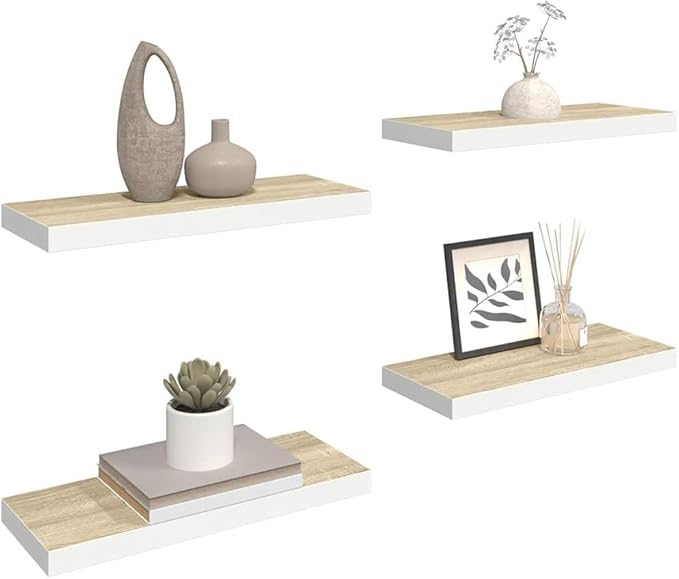 Floating Wall Shelf Set of 4, Oak and White Honeycomb MDF with Metal Standard, Invisible Mounting System for Modern Decor, Space-Saving Design, Durable Engineered Wood