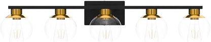 PAZALA Black Gold Bathroom Light Fixtures Over Mirror 5-Lights Vanity Light Wall Sconce with Globe Glass Shade, E26 Base, Perfect for Hallway Picture Wall Lighting Bathroom Bedroom Mirror Living Room