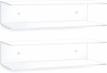 Clear Acrylic Floating Shelves - 2 Tier Wall Mounted Bathroom Organizer Set of 2 (18") - Space Saving Display Shelf for Makeup, Skincare, Kitchen Spices, & Home Decor