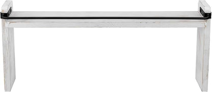MyGift 33 Inch Wide Over The Stove Top Spice Shelf, Shabby White Washed Solid Wood and Industrial Black Metal Space Saving Stovetop Range Storage Display Rack