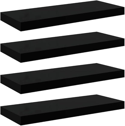 Set of 4 High Gloss Black Floating Wall Shelves, Honeycomb MDF with Metal Frame for Modern Home Decor and Storage
